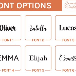 May include: An image displays six font options for weddings, with names like Oliver, Isabella, and Lucas in different styles. The text "FONT OPTIONS" is at the top, and the Flowertown Weddings logo is in the upper right corner.