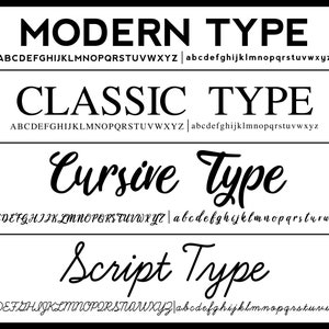 May include: A graphic showing four different font styles: Modern, Classic, Cursive, and Script. Each style is shown with the alphabet in uppercase and lowercase.