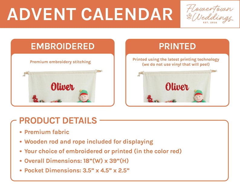 May include: Advent calendar with the name "Oliver" in red script. The calendar is available embroidered or printed. Overall dimensions are 18" wide and 39" high. The pockets are 3.5" x 4.5" x 2.5". The text "ADVENT CALENDAR" is at the top.