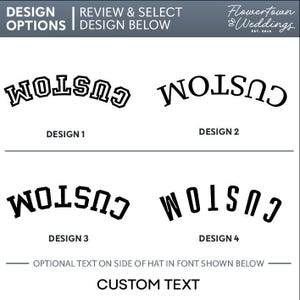 May include: Image showcasing four design options for custom text, each displaying the word "CUSTOM" in a curved, bold font. The designs are numbered 1 through 4. The text "OPTIONAL TEXT ON SIDE OF HAT IN FONT SHOWN BELOW" and "CUSTOM TEXT" are also visible.