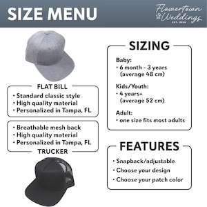 May include: Size menu graphic with a gray flat bill cap and a black trucker hat. Text includes sizing information for babies, kids/youth, and adults, along with features like snapback and design options.