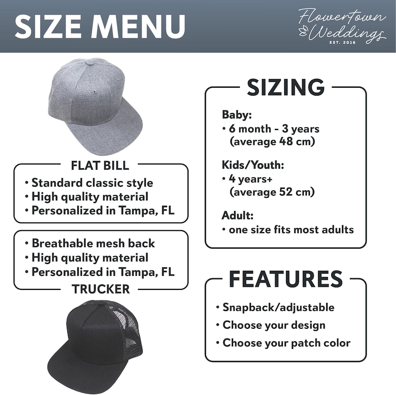 May include: Size menu graphic with a gray flat bill cap and a black trucker hat. Text includes sizing information for babies, kids/youth, and adults, along with features like snapback and design options.