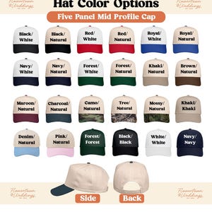 May include: A selection of five-panel mid-profile caps in diverse colour combinations, such as black/white, red/white, and navy/white. The image features the text "Hat Colour Options" and "Five Panel Mid Profile Cap."