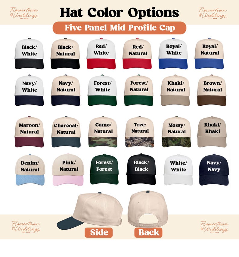 May include: A selection of five-panel mid-profile caps in diverse colour combinations, such as black/white, red/white, and navy/white. The image features the text "Hat Colour Options" and "Five Panel Mid Profile Cap."