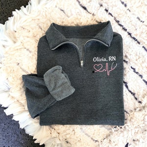 Monogram Nurse Quarter Zip Sweatshirt, Nurse Jacket, Gift for Nurses, Graduation Gifts for Nurses, Heartbeat Nurse Sweatshirt, Embroidered image 2