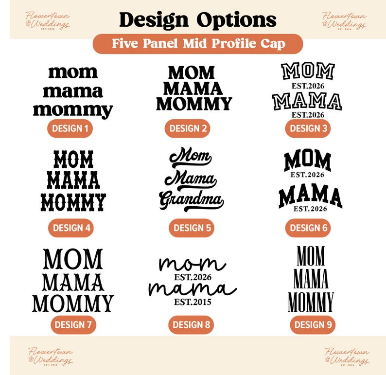 May include: Image displaying design options for a five-panel mid-profile cap. The designs feature text variations such as "mom," "mama," and "mommy," alongside the text "EST.2026" and "EST.2015." The designs are in a bold, black font.