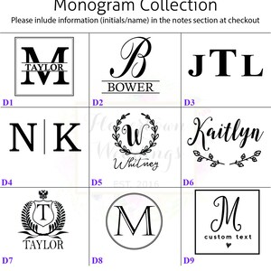 May include: Nine different monogram designs, each in a square or circle frame. The designs include initials, names, and a wreath with a letter in the centre. The text "Monogram Collection" is at the top of the image. The text "Please include information (initials/name) in the notes section at checkout" is below the title.