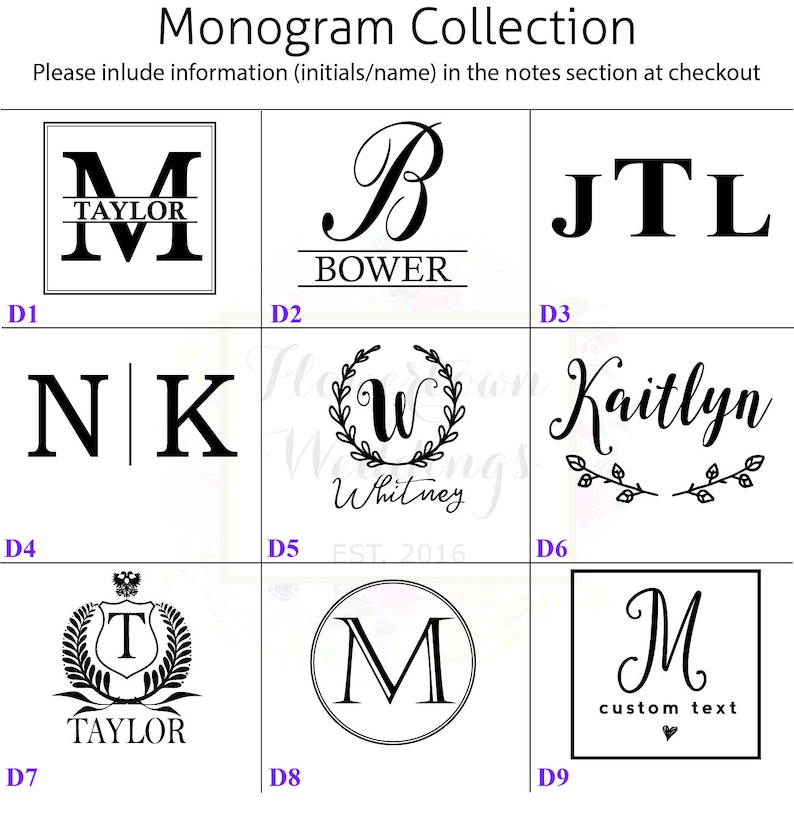May include: Nine different monogram designs, each in a square or circle frame. The designs include initials, names, and a wreath with a letter in the centre. The text "Monogram Collection" is at the top of the image. The text "Please include information (initials/name) in the notes section at checkout" is below the title.