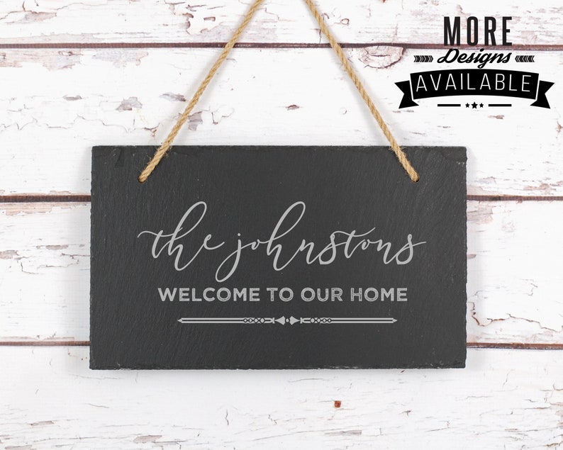 Laser Engraved Slate Door Sign, Housewarming Gift Idea, New Home Owner Gift Idea, Personalized Hanging Door Sign, Gift Idea For The Couple image 1