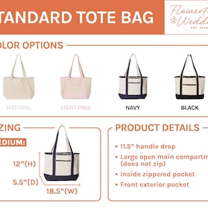 May include: A standard tote bag in four colors: natural, light pink, navy, and black. The bag is 12 inches high, 5.5 inches deep, and 18.5 inches wide. It has a 11.5 inch handle drop, a large open main compartment, an inside zippered pocket, and a front exterior pocket.