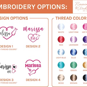 May include: Four embroidery designs for a nurse's name and the letters RN. Design 1 and 3 feature a heart with a stethoscope. Design 2 and 4 feature a stethoscope with a heart. The image also shows a color chart of thread colors for embroidery.