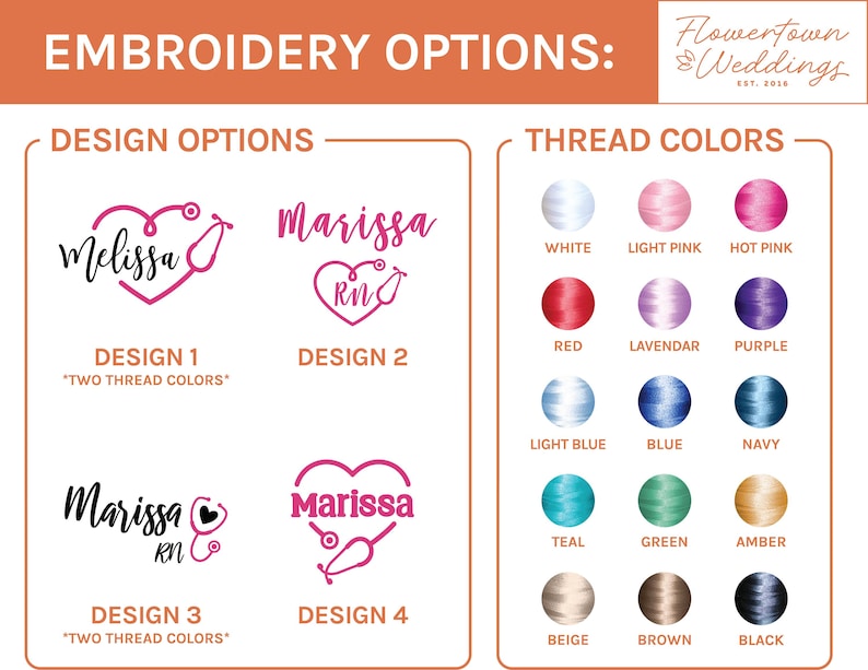 May include: Four embroidery designs for a nurse's name and the letters RN. Design 1 and 3 feature a heart with a stethoscope. Design 2 and 4 feature a stethoscope with a heart. The image also shows a color chart of thread colors for embroidery.