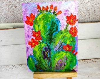 Blooming cactus art Cactus illustration Mini canvas painting Succulent painting Palette knife Flowering cactus Homemade floral oil art