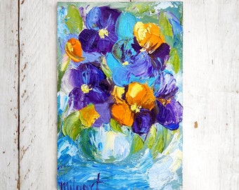 Petite peinture Pansy peinture Floral illustration à l’huile Cadeaux pour maman Bouquet mini toile art Floral peinture à l’huile Petite peinture sur toile