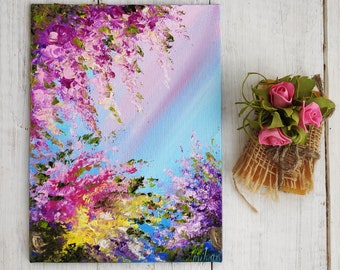 花の厚塗り抽象風景画キャンバスに描かれたミニチュア油絵庭の花カラフルな花の裏庭キッチンの装飾母の日ギフト
