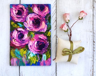 Rose mini canvas painting Floral oil painting Presents for mom Blossom flowers Birthday presents Small painting  Mother in law gift