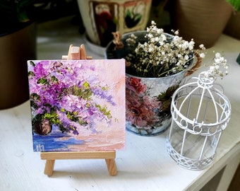 Small painting Mini canvas Floral painting 4x4 painting Birthday presents Impasto mini oil paintings Purple painting Mother in law gift