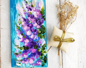 Floral impasto abstract, original oil painting on wood, purple blue garden flowers, colorful floral artwork, kitchen decor, gift for mom