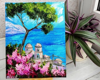Ravello Amalfi coast oil painting Positano canvas wall art Cottagecore decor Countryside Italy landscape Seascape Palette knife Textured art