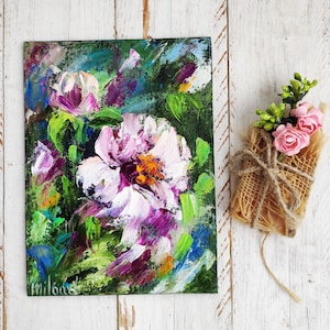 Garden painting Mini canvas art Pink flowers oil painting Small abstract art Mini floral artwork Wildflower painting Homemade artwork