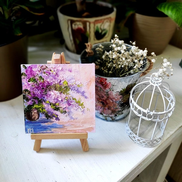 Small painting Mini canvas Floral painting 4x4 painting Birthday presents Impasto mini oil paintings Purple painting Mother in law gift