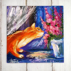 Mini toile peinture chat orange avec art floral Idées cadeaux pour les amoureux des chats Peinture kitty Oeuvre d'art ukrainienne maison MilaPollyart