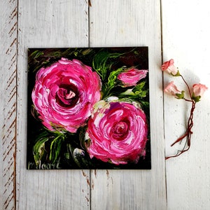 Peinture rose rose Mini toile d'art Peinture à l'huile rose Couteau à palette Empâtement Peinture à l'huile 3D sur toile Peinture fait maison Petit art floral