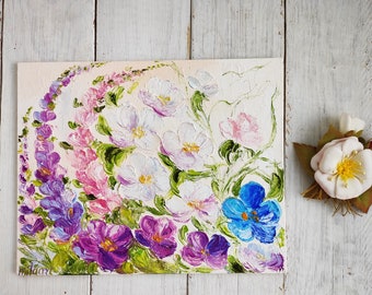 Abstract blossom flowers original oil painting on canvas Meadow floral art Impasto garden flower Gift for her Bedroom decor Country style