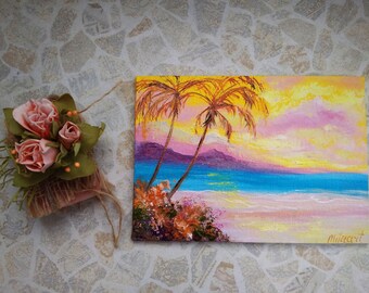 Caribbean Painting Sunset Original Art Palm Tree Artwork Laguna Beach Wall Art 15 by 20 by Tata Talisman