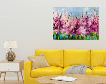 Large abstract wildflower Original oil painting on canvas Pink flower bedroom art Abstract meadow decor Large Blossom flowers painting