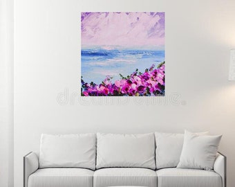 Large floral canvas art Amalfi coast painting Modern oil painting Birthday presents Seaside artwork Large oil painting