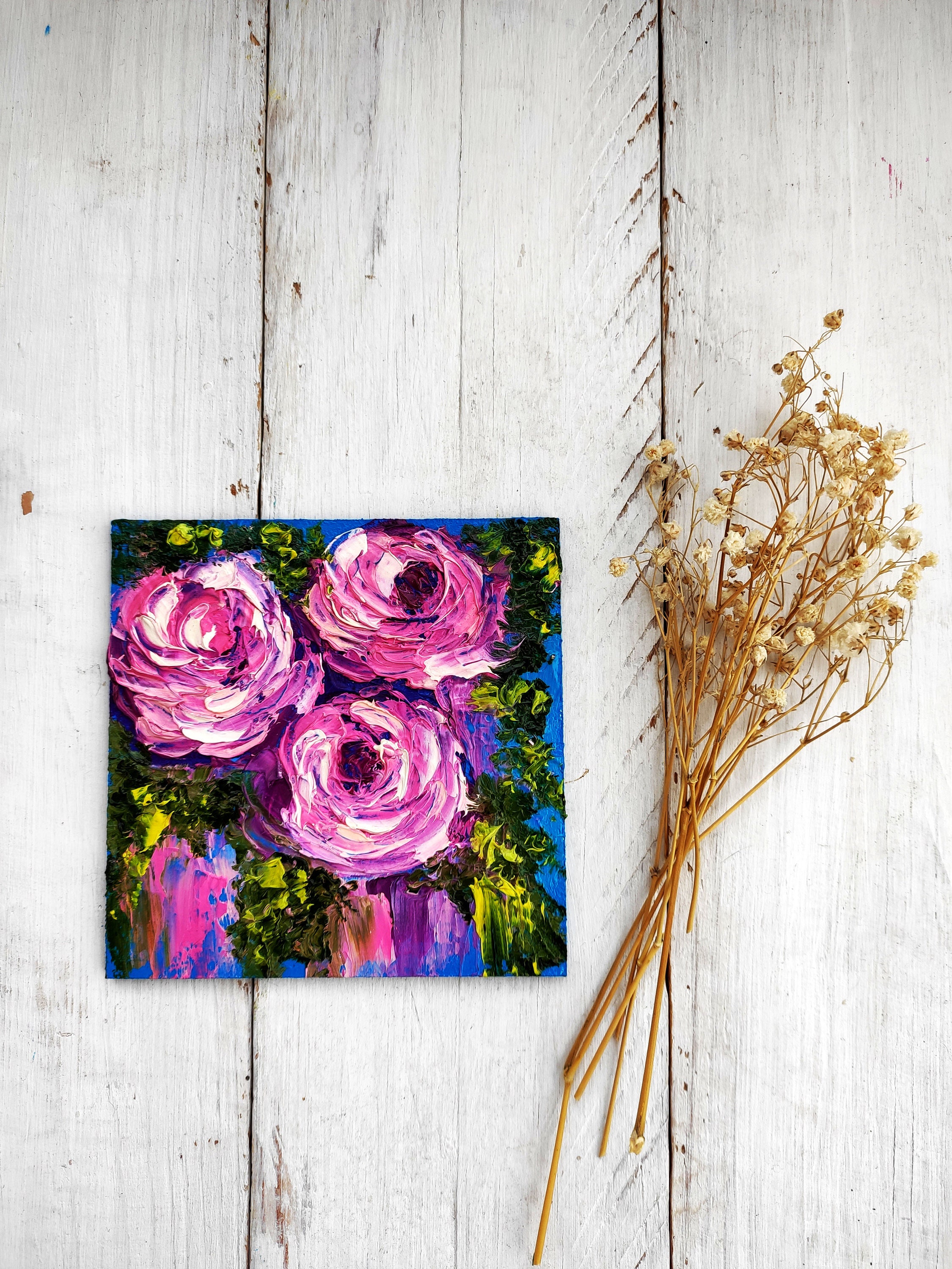 Blossom Flower 4x4 Oil Painting Impasto Floral Artwork Mini Canvas