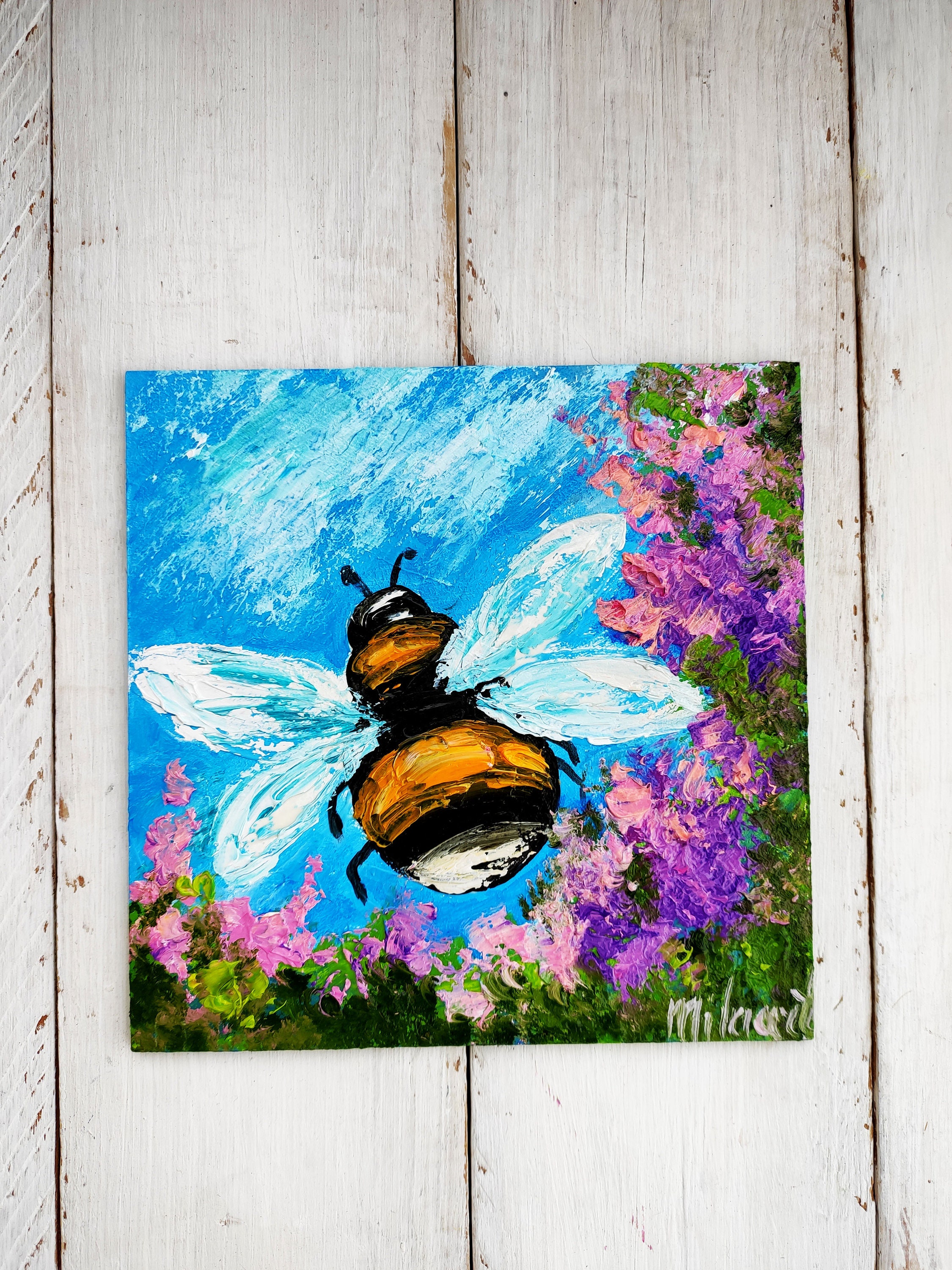 蜂の絵 ミツバチの厚塗りアート作品 お母さんへのプレゼント バンブル