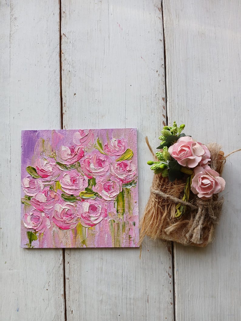 Mini pintura de rosas Pequeña pintura al óleo floral Flores empastadas Regalo para mamá Flores en miniatura Regalo de cumpleaños para un amigo Obra de arte de rosas imagen 3