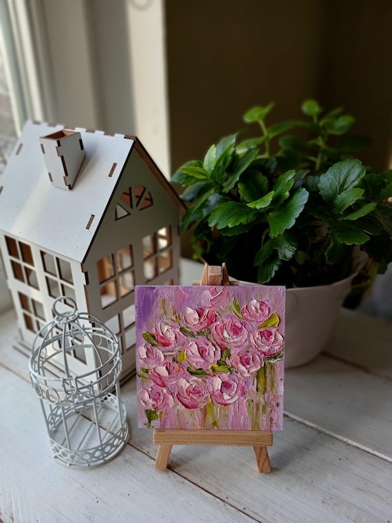 Rose mini painting Small floral oil painting Impasto flowers Gift for mom  Flowers miniature Birthday friend present Roses artwork