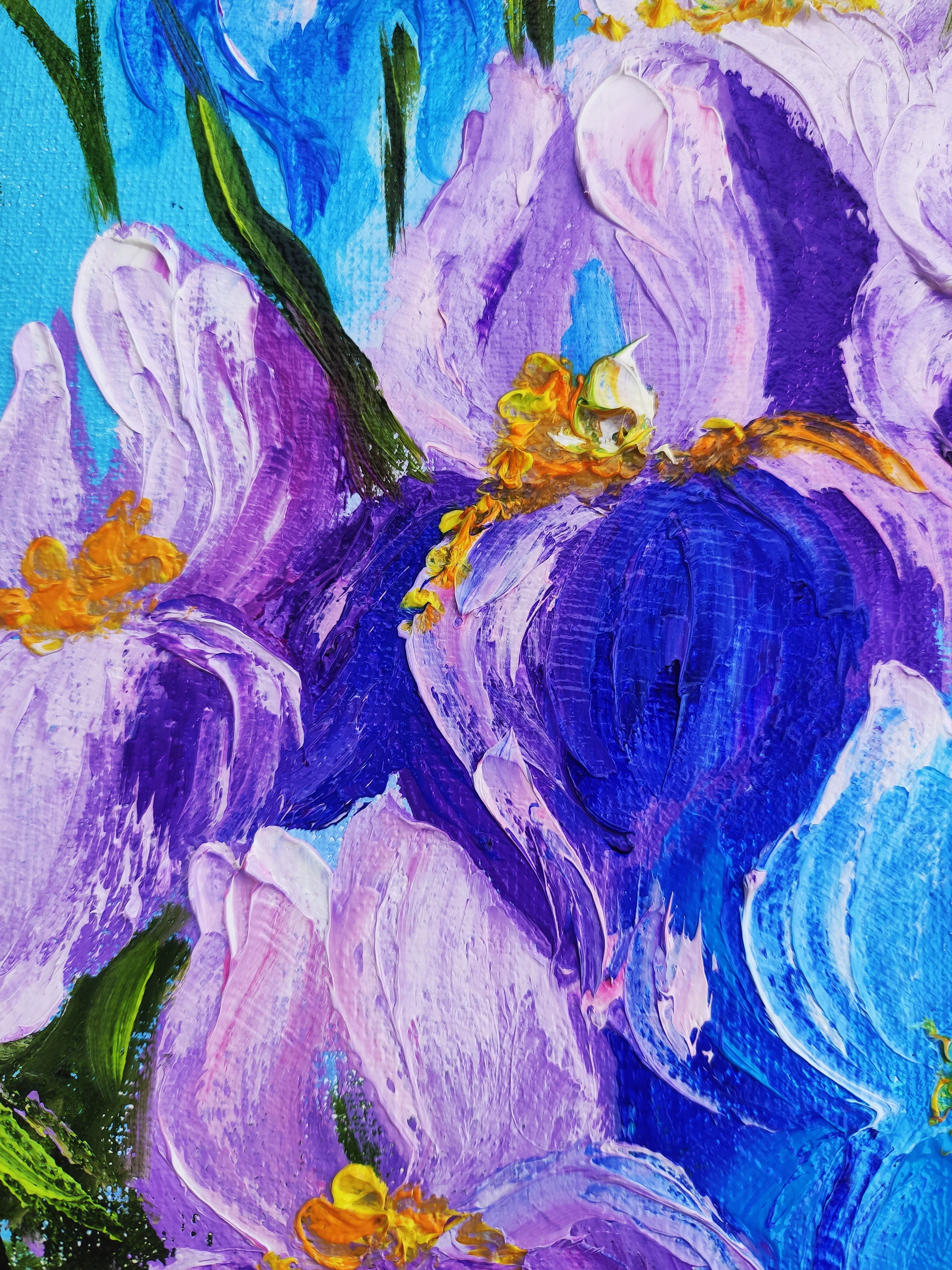 アイリスの花の絵画 インパストアートワーク 草原の花の静止抽象