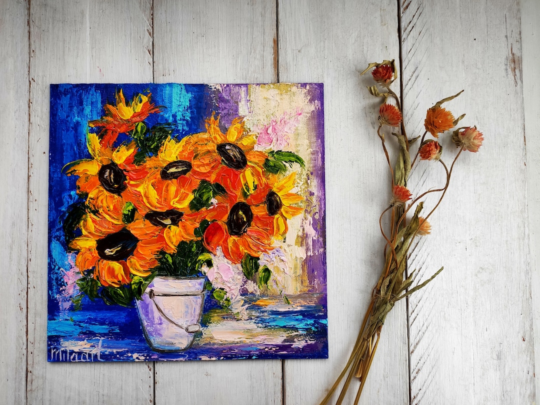 Sunflowers Painting Original Oil Art on Small Canvas Yellow Flowers ...