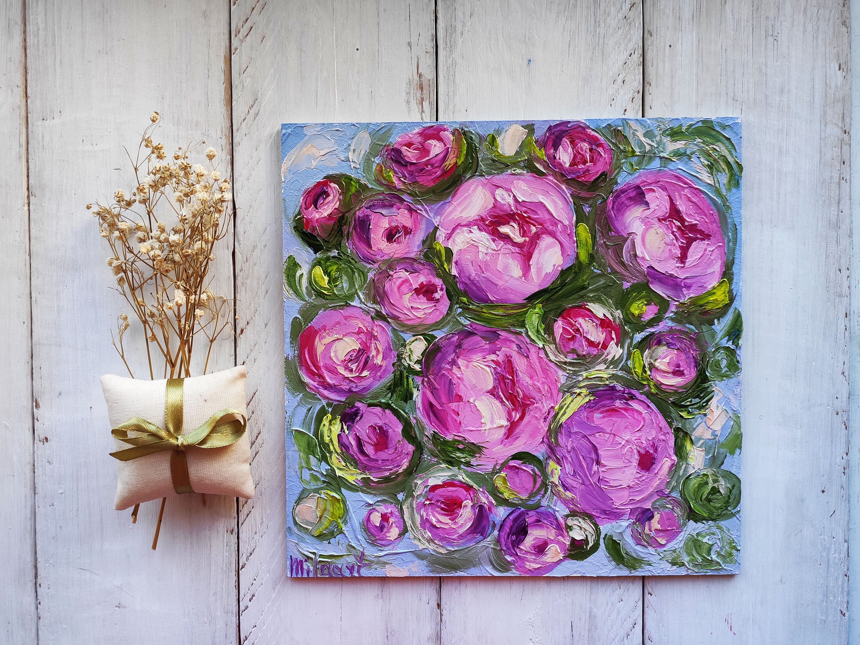 Original oil painting on wooden panel board impasto floral hand made