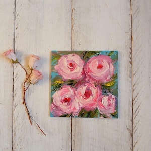 Mini Leinwand Blumenmalerei Ukrainische Malerei Dankeskarten Pfingstrosen Blumenölgemälde 10x10 Leinwand Kunst Preppy Kunst Blumenöl Kunstwerk