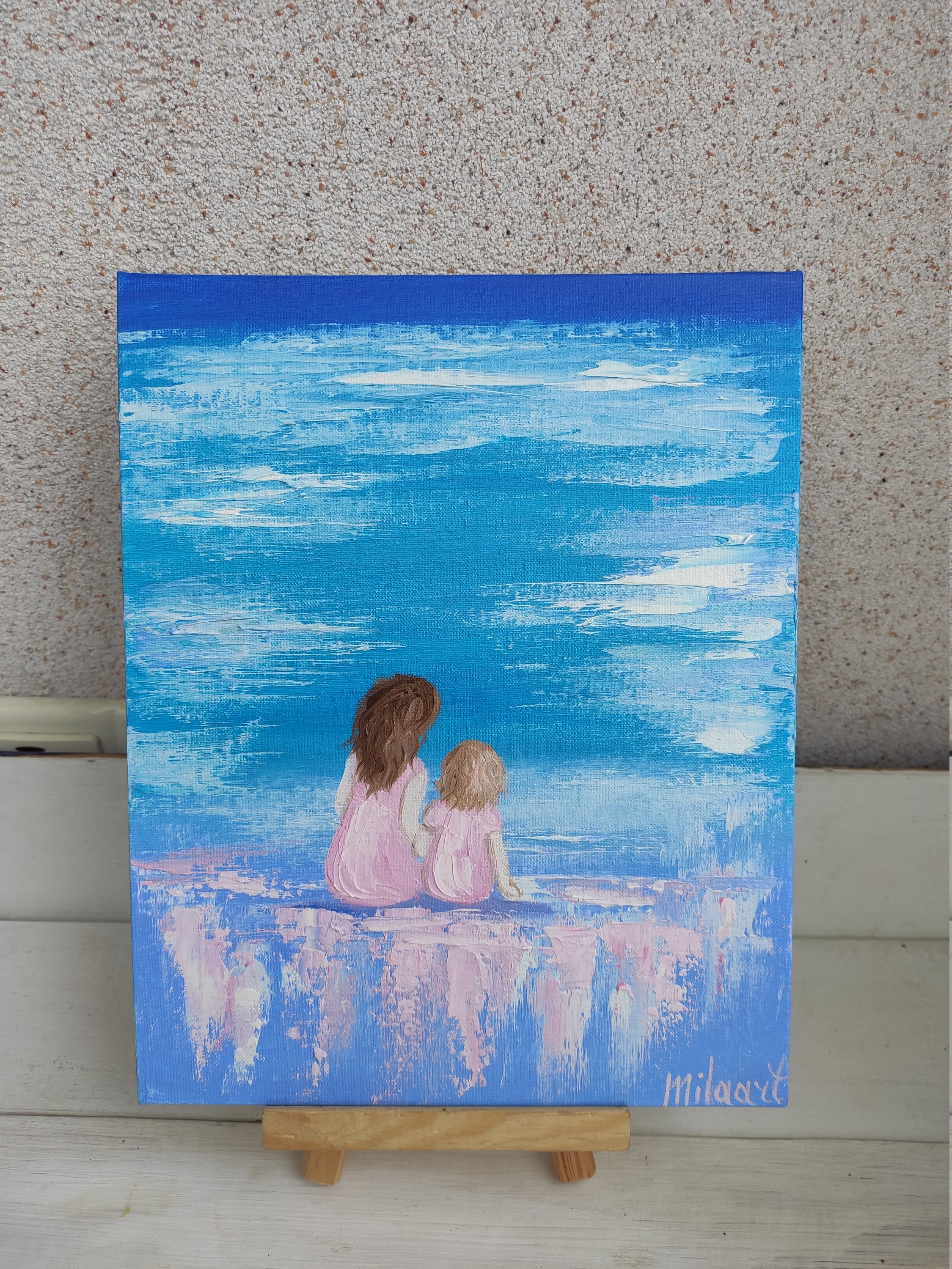 母と娘 ミニチュア絵画 オリジナル油絵キャンバス ビーチの風景 素敵な