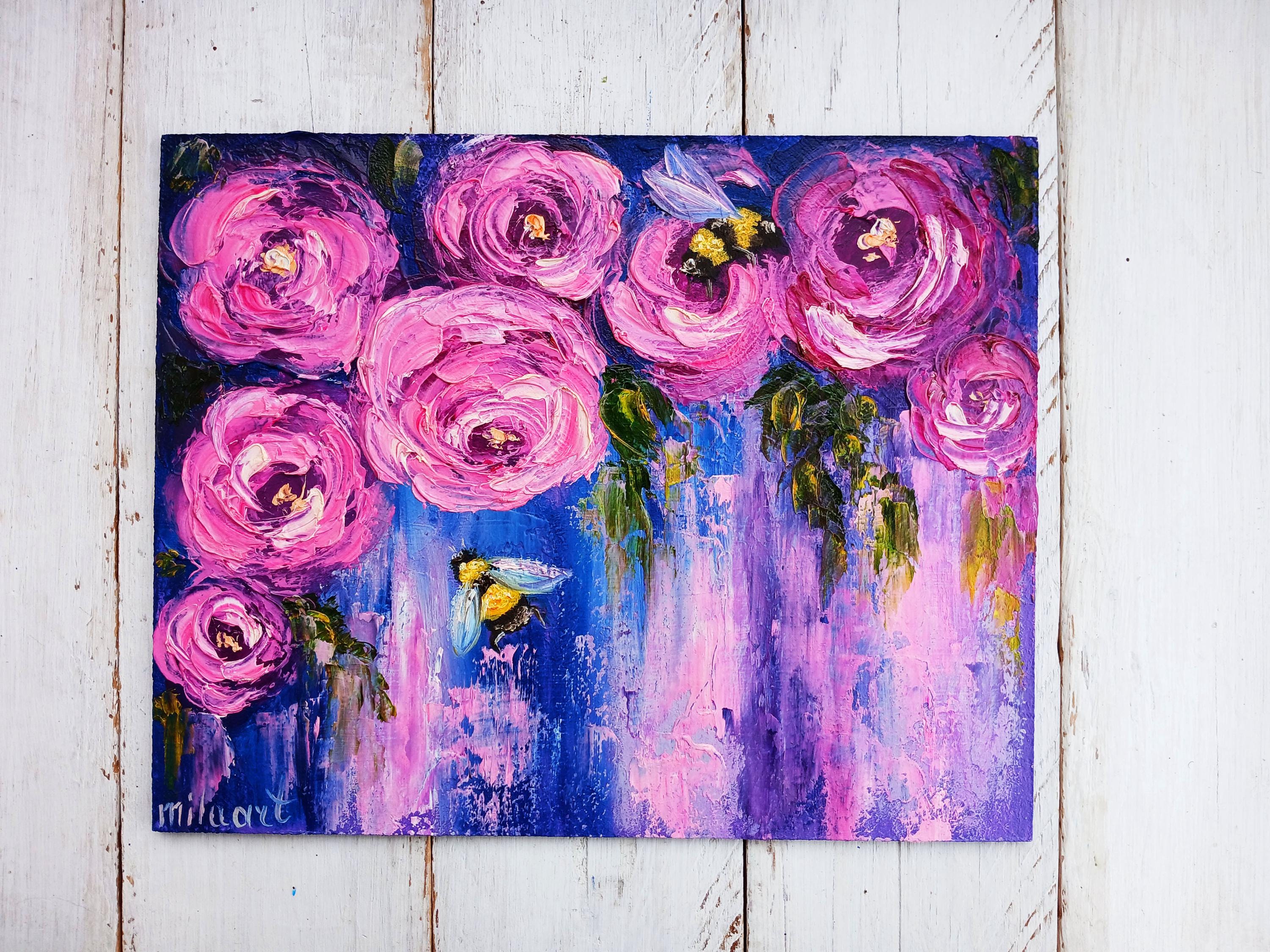 紫のバラの花のアートオリジナル油絵キャンバス、ライラックの抽象的な