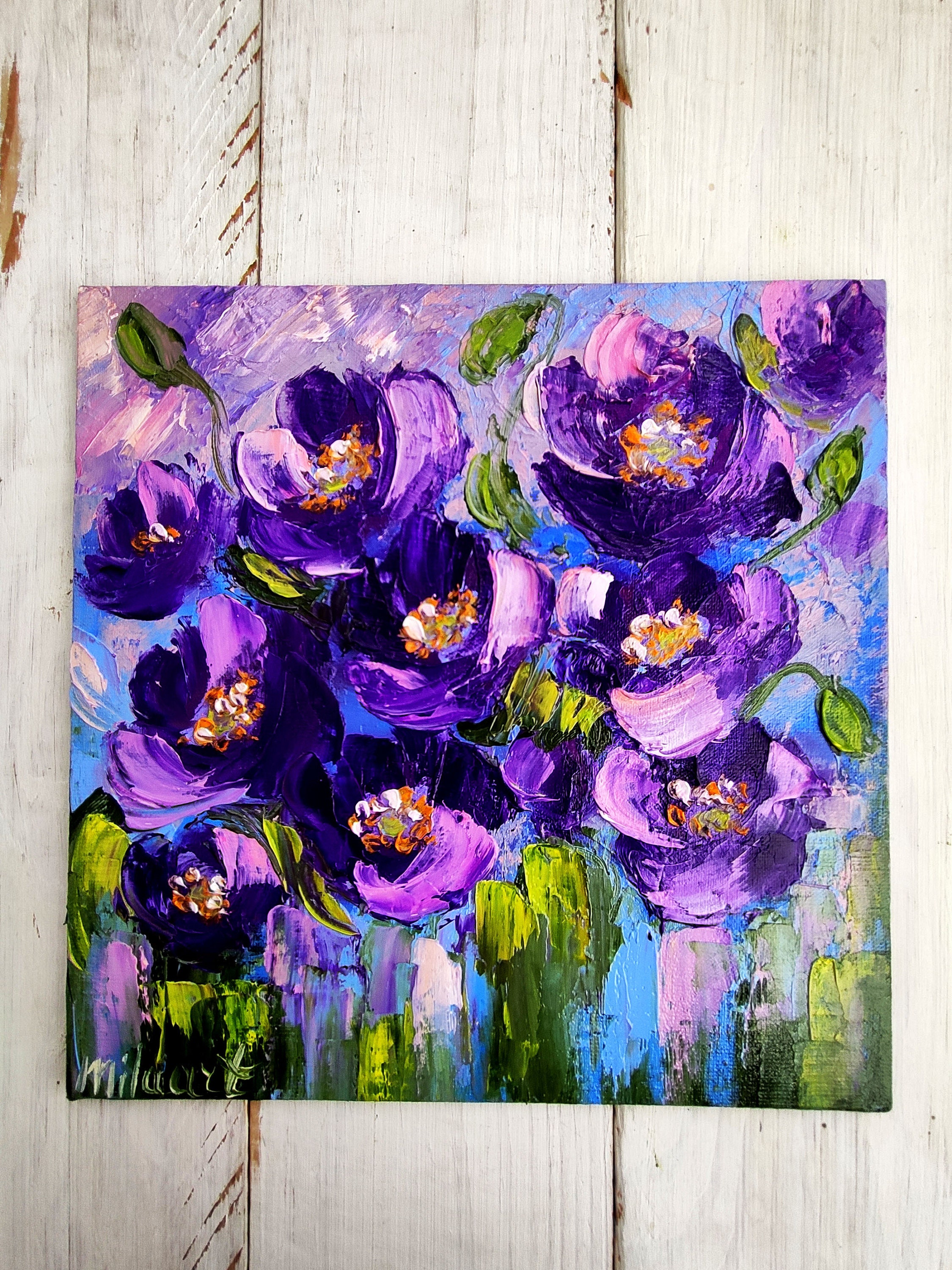 Purple Poppy Flowers Impasto Painting, Original Oil Painting