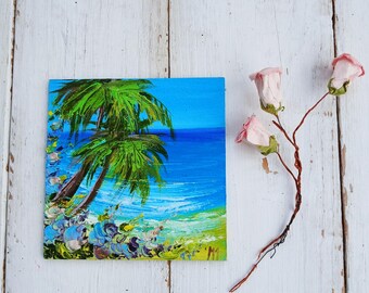 ハワイの風景画 ハワイの絵画 トロピカルアート ミニ油絵 風景画 4x4 絵画 記念日の