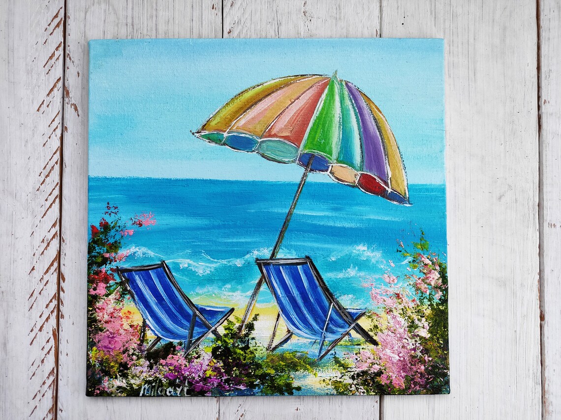 Beach umbrella art Original oil painting on small canvas | Etsy