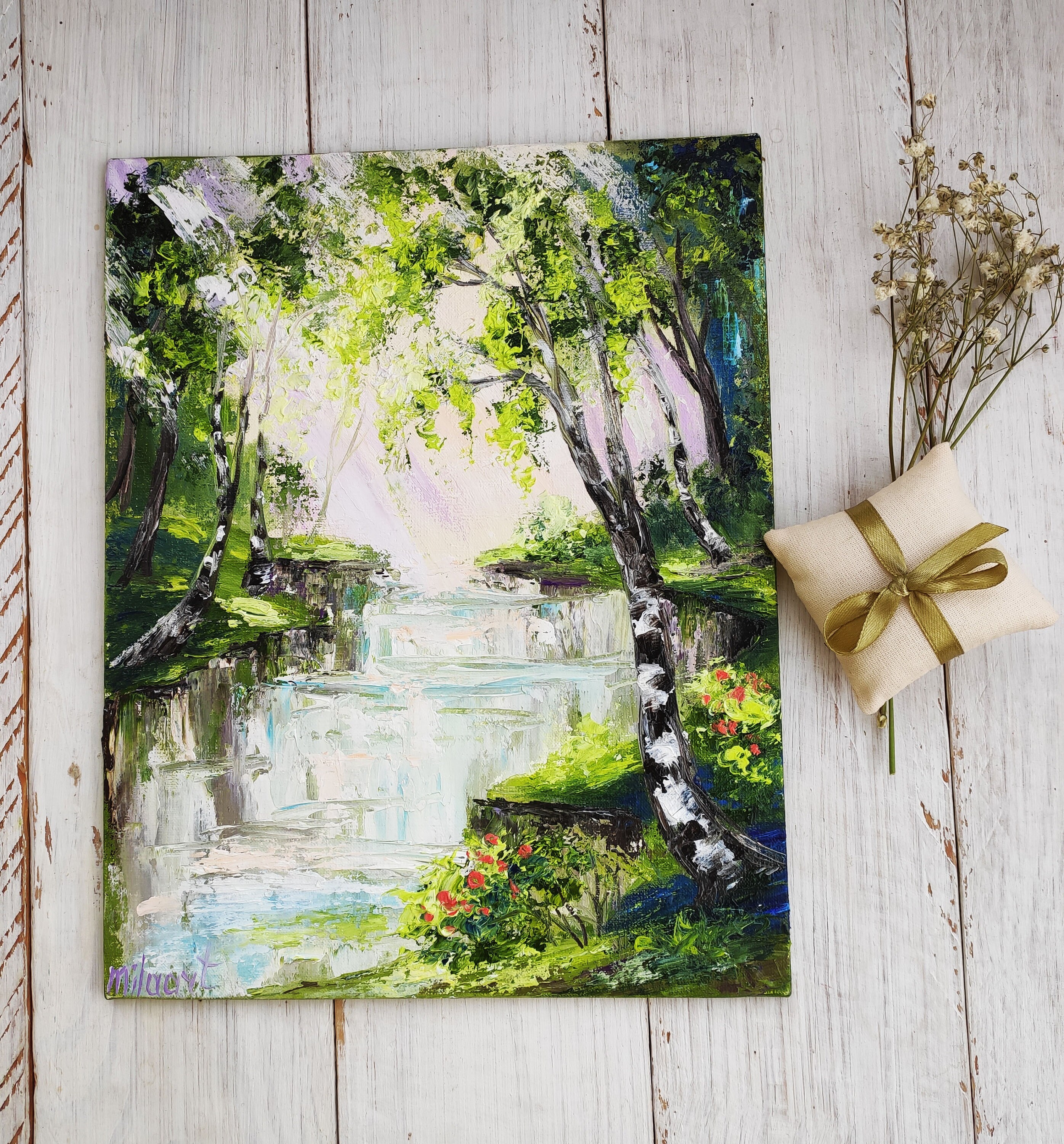 キャンバスに描かれた日当たりの良い森の絵画、厚塗りの風景画、春の