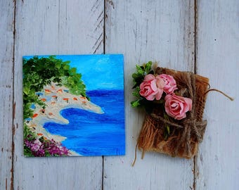 Amalfi Küste Malerei Sorrent Italien Kunst Original Ölgemälde Cottagecore Raumdekor Seelandschaft Malerei Palettenmesser Strukturierte kleine Kunst
