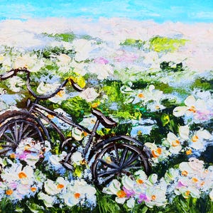 Fahrrad im Blütengarten Miniatur-Ölgemälde Impasto Landschaft Provence Kunst Bauernhof Landschaft Hinterhofgarten Kleine Blumenmalerei Bild 10