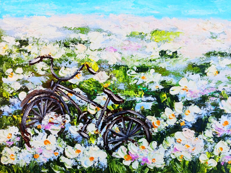Fahrrad im Blütengarten Miniatur-Ölgemälde Impasto Landschaft Provence Kunst Bauernhof Landschaft Hinterhofgarten Kleine Blumenmalerei Bild 10