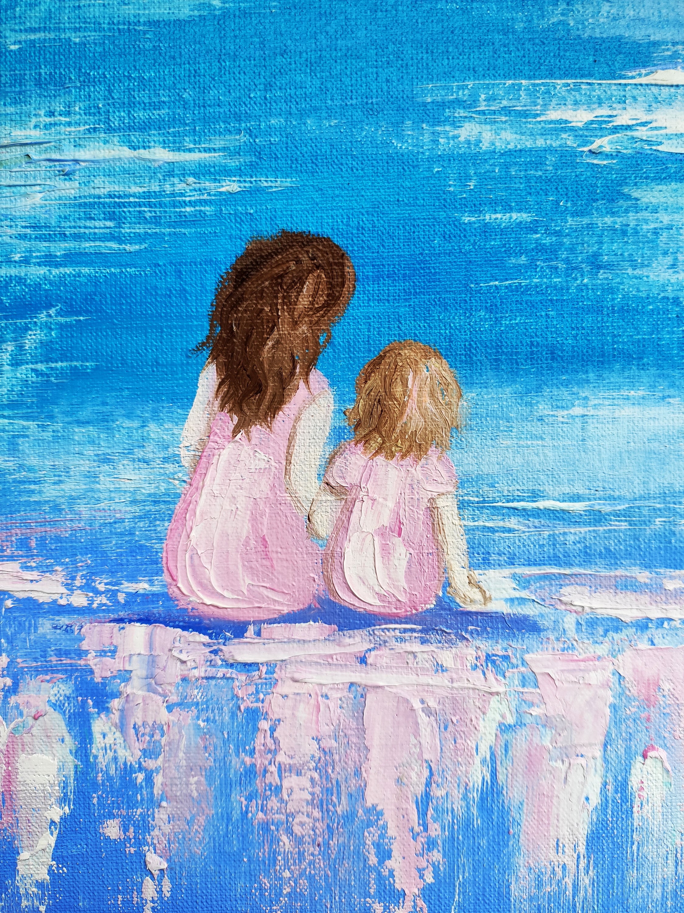 母と娘 ミニチュア絵画 オリジナル油絵キャンバス ビーチの風景 素敵な