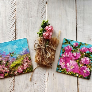 Set di fiori su tela, set di pareti con galleria, mini arte per casa delle bambole, pittura a olio originale, piccoli fiori pittura Impasto, compleanno del migliore amico